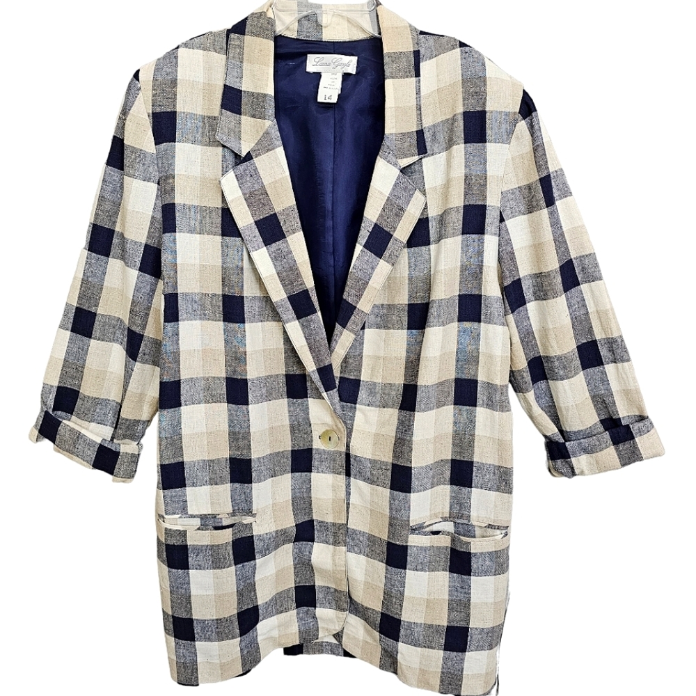 Laura Gayle Vintage Linen Blend Tan/Navy/Creme Plaid Boxy Longer Blazer